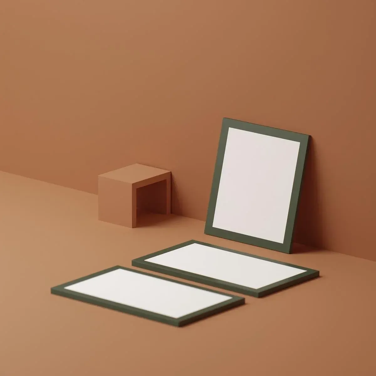 Warm-toned 3D scene with framed layouts and geometric blocks, representing design services and funnel building.