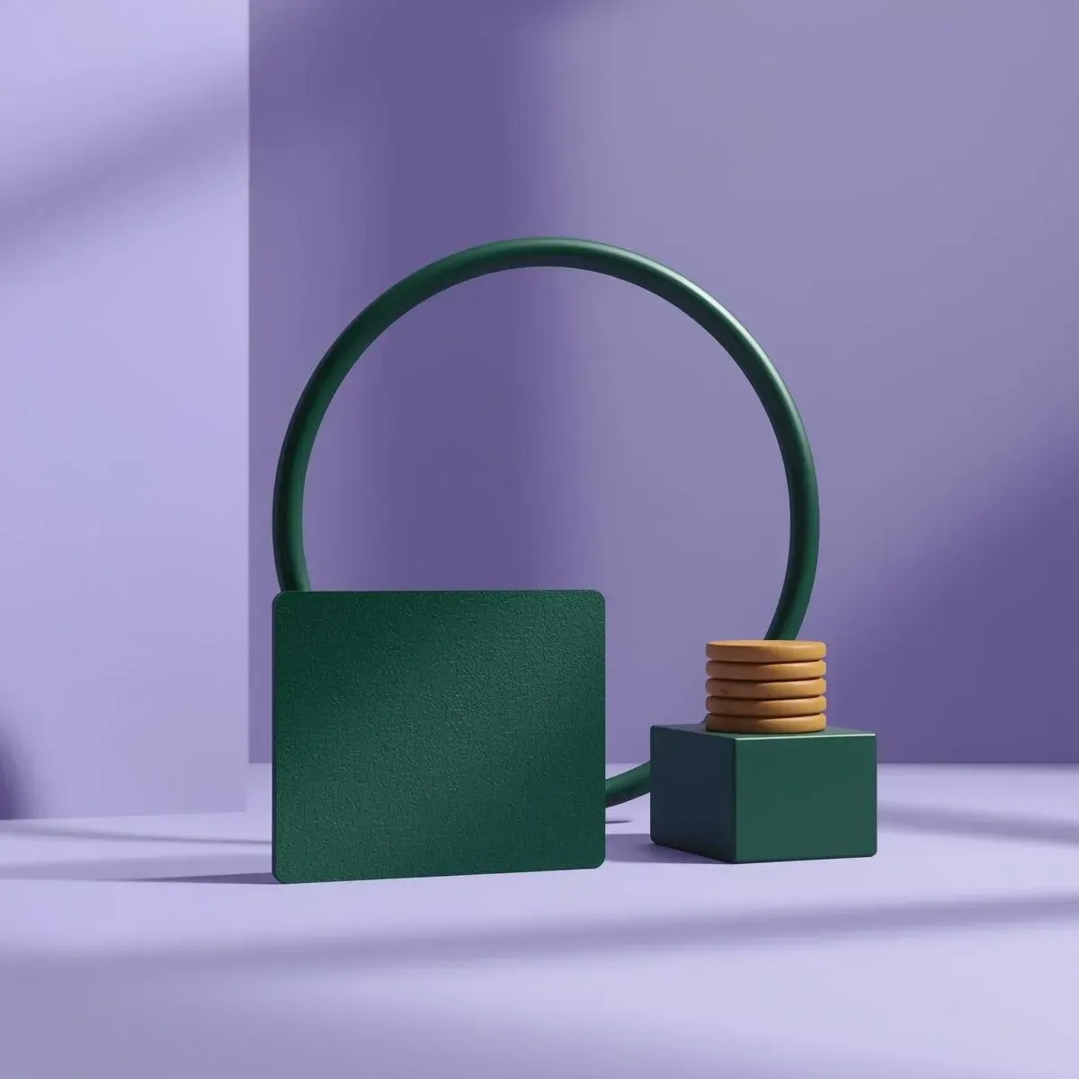 Purple 3D scene with a circular shape, stacked coins and a green block, representing membership, connection and community support.