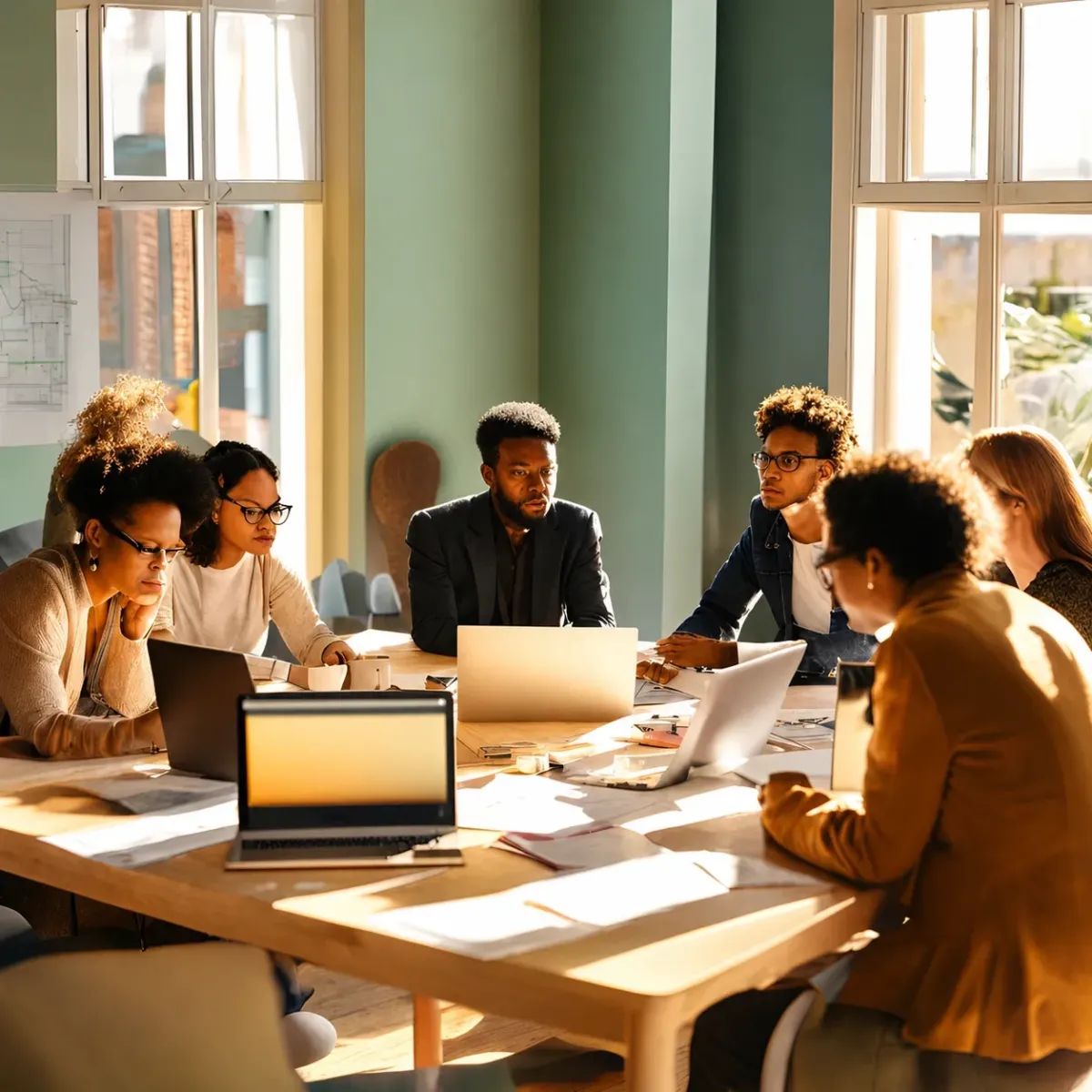 Diverse team working together around a table with laptops and documents in a bright, sunlit office.