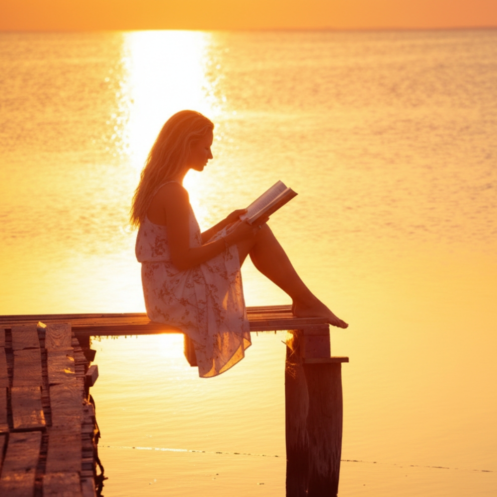 A woman reading a book on a dock during sunset