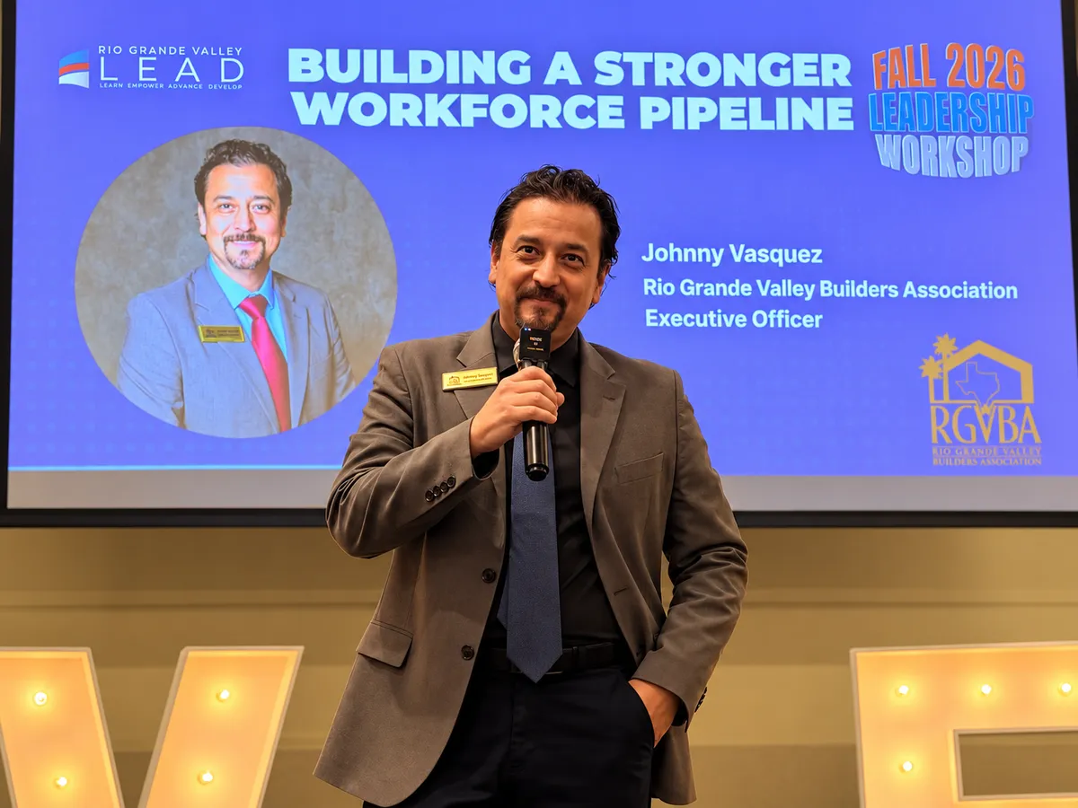 RGVBA Executive Officer Johnny Vasquez speaks at RGV LEAD's Fall 2026 Leadership Workshop in front of a presentation titled Building a Stronger Workforce Pipeline.