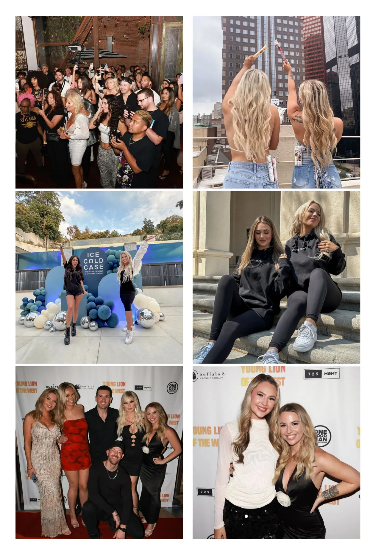 Collage of Unfiltered Marketing Group highlights including audience crowd, rooftop promo, Ice Cold Case event, branded hoodie shoot, red carpet group photo, and red carpet duo shot.