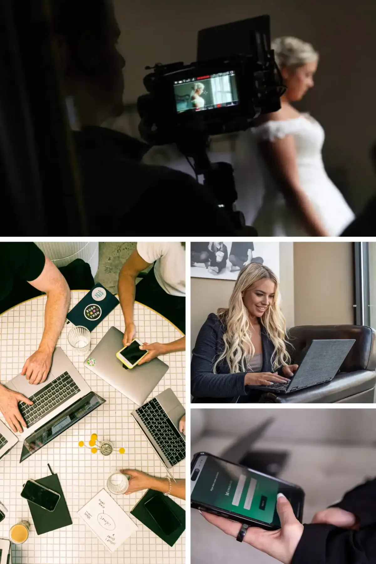 Collage featuring a wedding video shoot, a group business meeting with laptops and notebooks, a woman working on a laptop in a café, and a mobile app login screen.