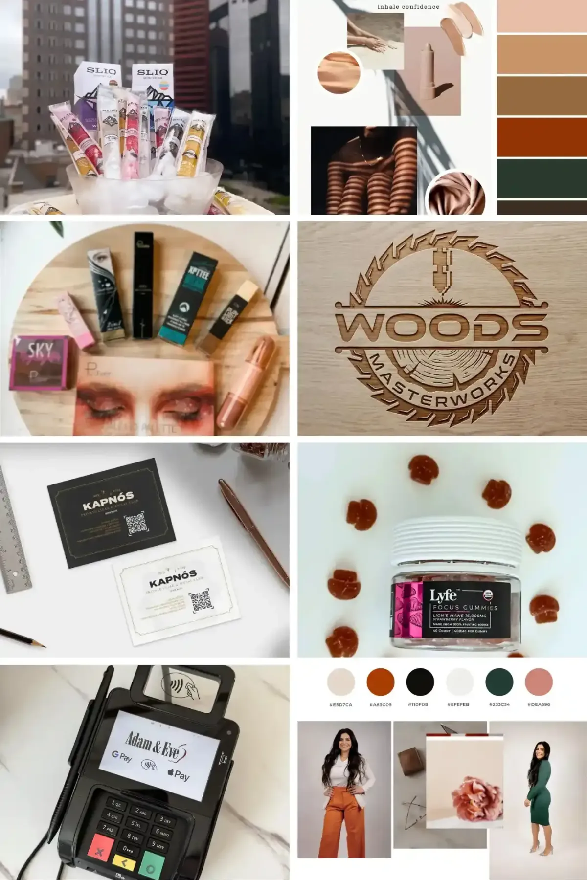 Collage featuring Unfiltered Marketing Group brand work including frozen product display, makeup packaging, wooden engraved logo, custom cards, gummies, POS terminal, fashion lifestyle shots, and color palettes.