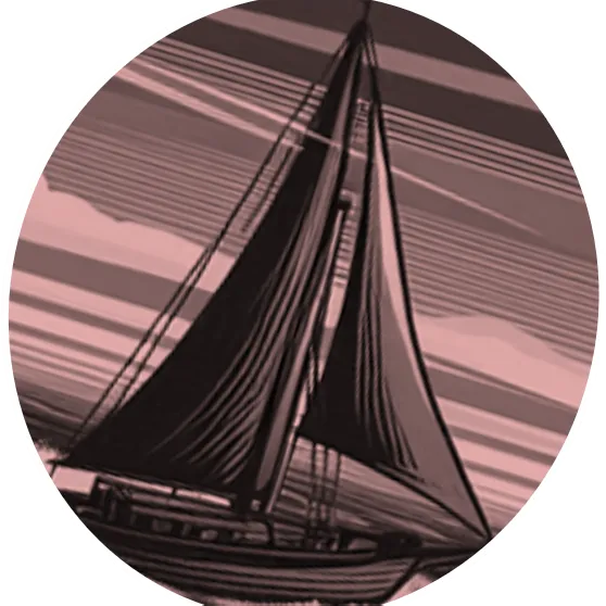 maroon sailboat in stormy seas