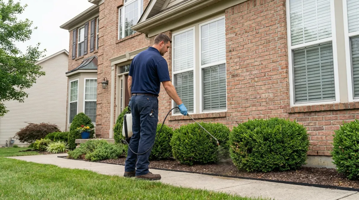 Man applying pest control treatment near shrubs in front of a residential home, emphasizing Pest Pro Services' commitment to effective pest management.