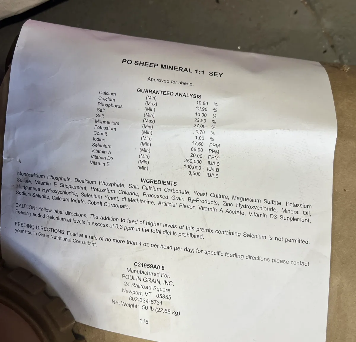 The ingredients in our mineral for sheep!