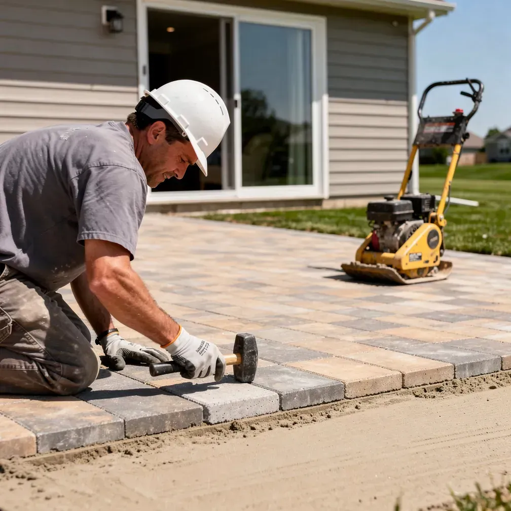 Vineland Paver Pros contractor in a safety helmet laying pavers on a new patio with a compactor nearby