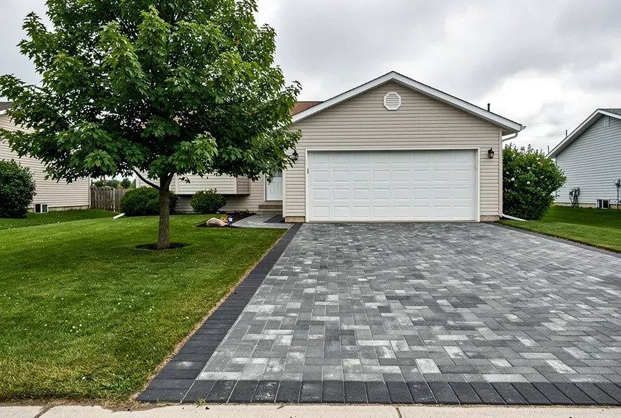 Freshly installed charcoal paver driveway leading to the garage of a Vineland home