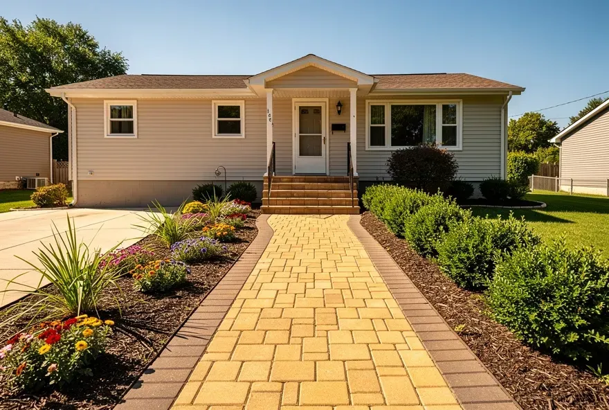 New tan paver walkway leading to the front door of a modest Vineland home