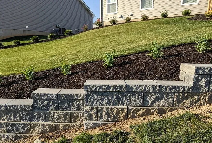 Newly built gray block retaining wall along a sloped backyard in Vineland