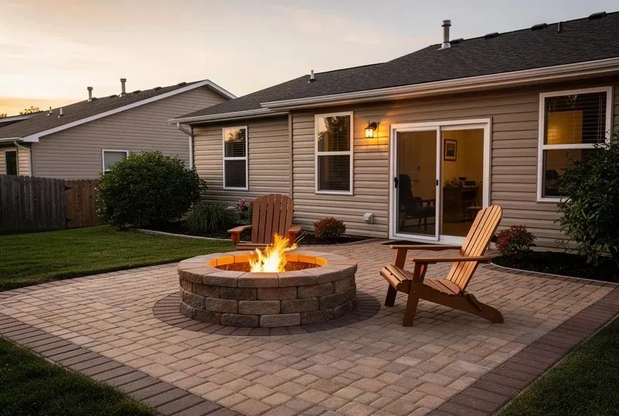 Circular stone paver fire pit on a patio attached to a Vineland home at dusk