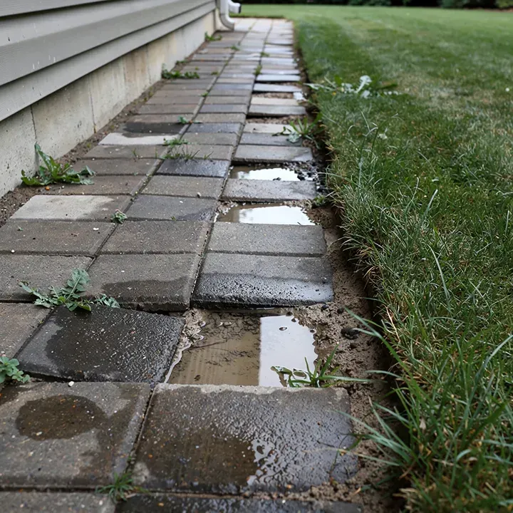 Sunken uneven paver walkway with standing water and weeds beside a modest Vineland home