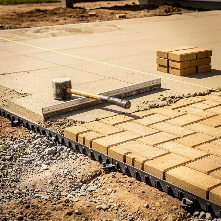 Close-up of compacted gravel base, screeded sand and first pavers during installation