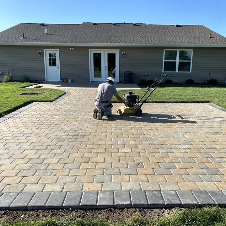 Contractor finishing a paver patio attached to the back of a Vineland home