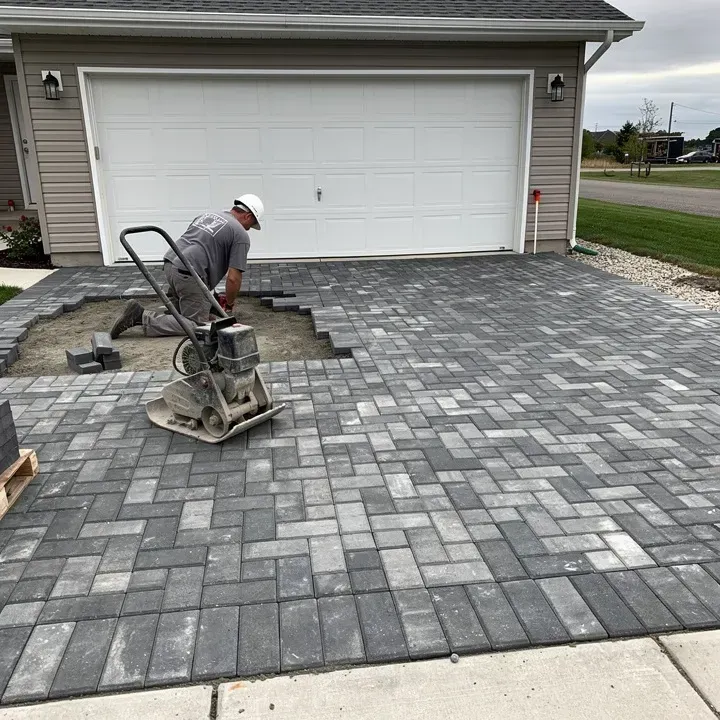 Contractor installing a herringbone paver driveway attached to the garage of a Vineland home
