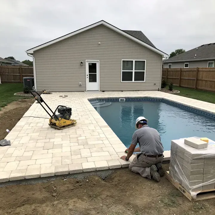 Contractor installing a light paver pool deck around an in-ground pool at a Vineland home