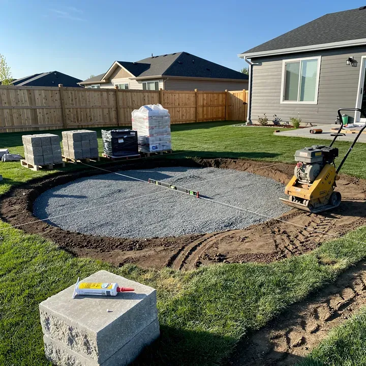 Prepared circular base with compacted gravel and stacked blocks before a fire pit is built in Vineland