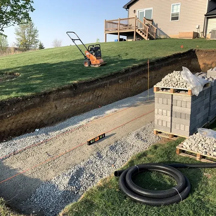 Prepared trench with compacted gravel base and stacked blocks before a retaining wall is built in Vineland