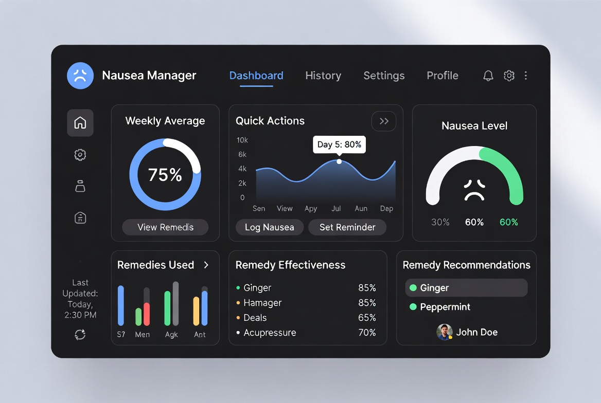 A close-up of a digital dashboard on a tablet, showing colorful charts and symptom tracking, hands of a user visible, bright home office, 3:2 aspect ratio, clean and modern UI