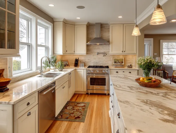 Luxury modern kitchen remodel with white cabinets quartz countertops hardwood flooring and stainless steel appliances installed by skilled remodeling contractors