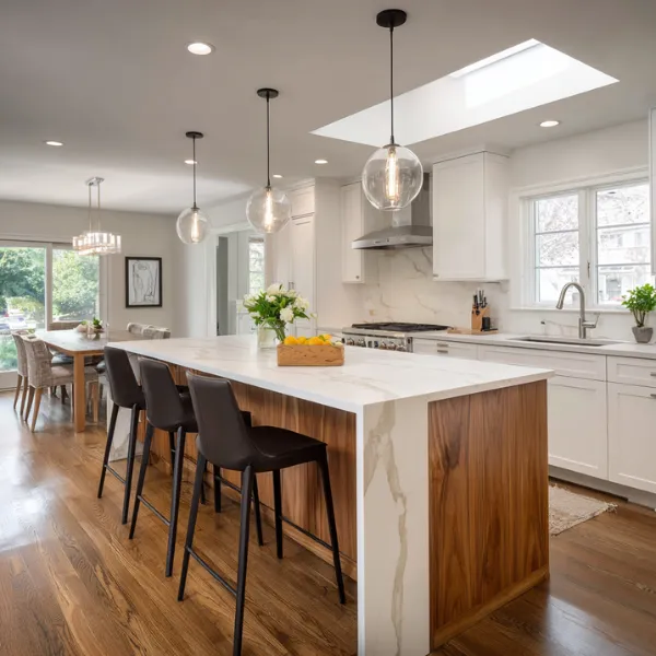 Modern white kitchen renovation with quartz island pendant lighting and stainless steel appliances installed by professional remodeling contractors in North Carolina