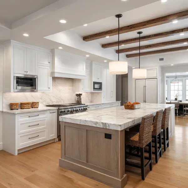 Spacious remodeled kitchen with granite countertops shaker cabinets hardwood floors and stainless steel appliances designed for modern family living