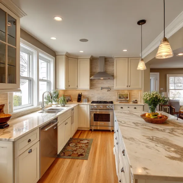 Contemporary kitchen remodel featuring white cabinetry subway tile backsplash granite island and stainless steel appliances for a stylish functional space