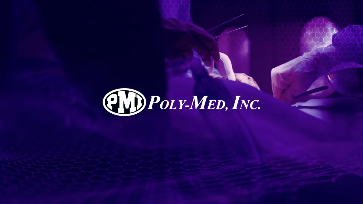 Poly-Med Inc. Logo on purple overlayed footage of doctors operating