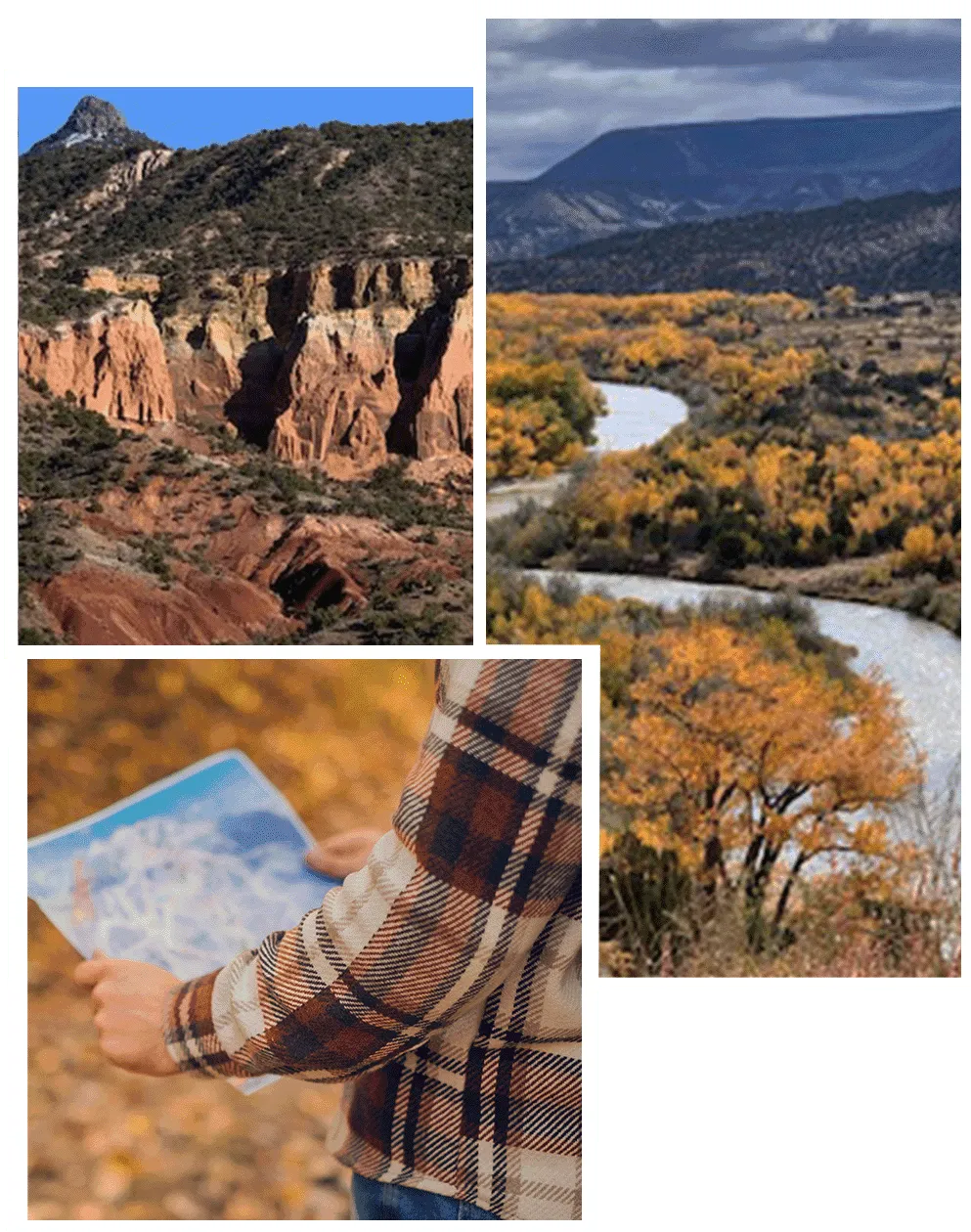 Collage of Abiquiu, someone holding a map and the Temple Canyon Sanctuary