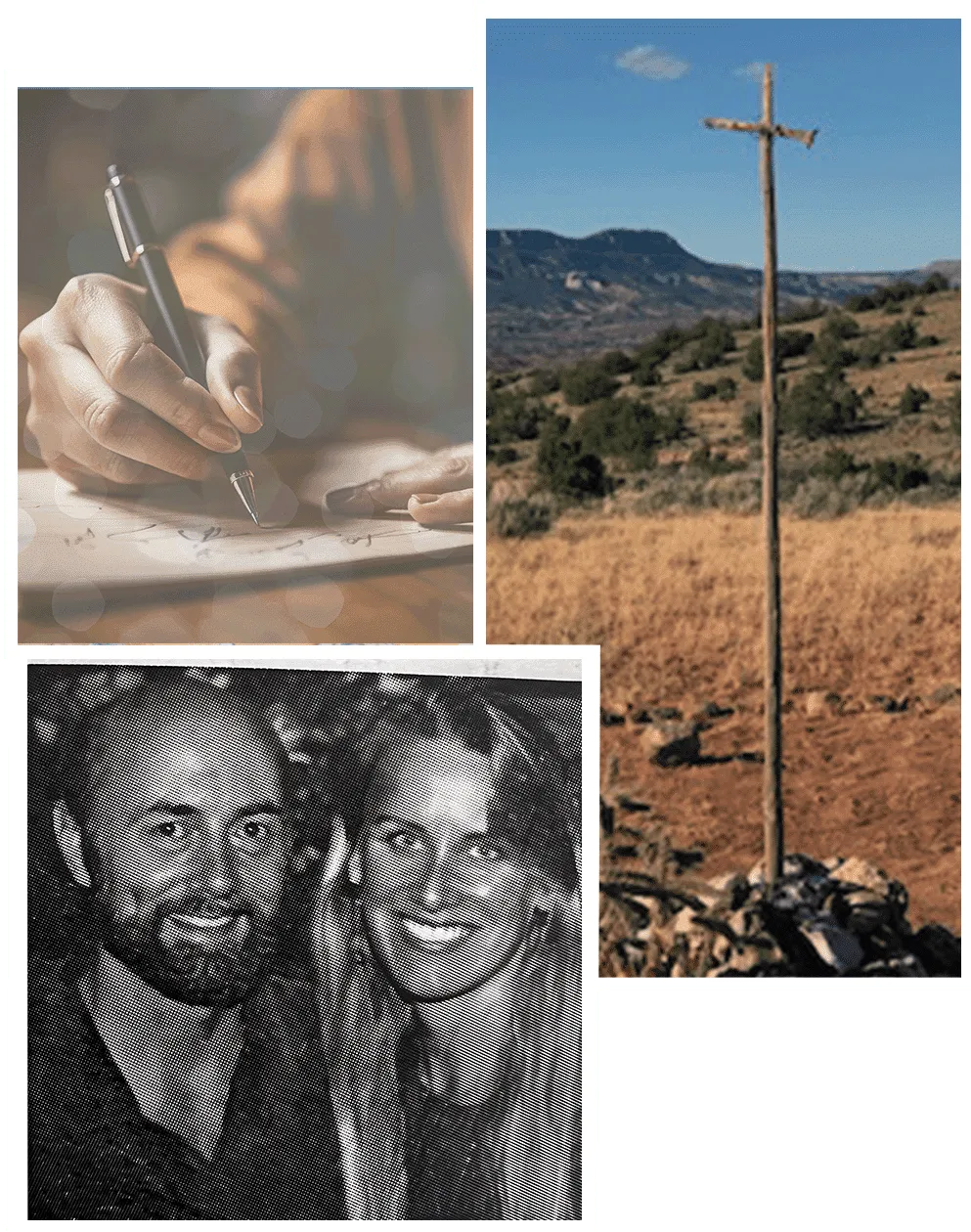 Collage of someone writing a letter, photo of Jayem and Anastasia, and the simple cross at the temple canyon sanctuary 