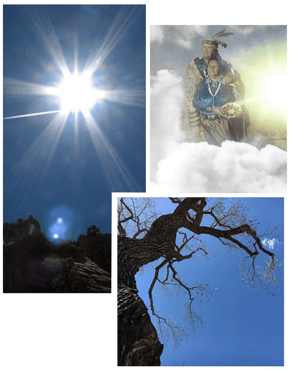 Collage of light from the sky pouring down, tree at the sanctuary and Native American ancestors