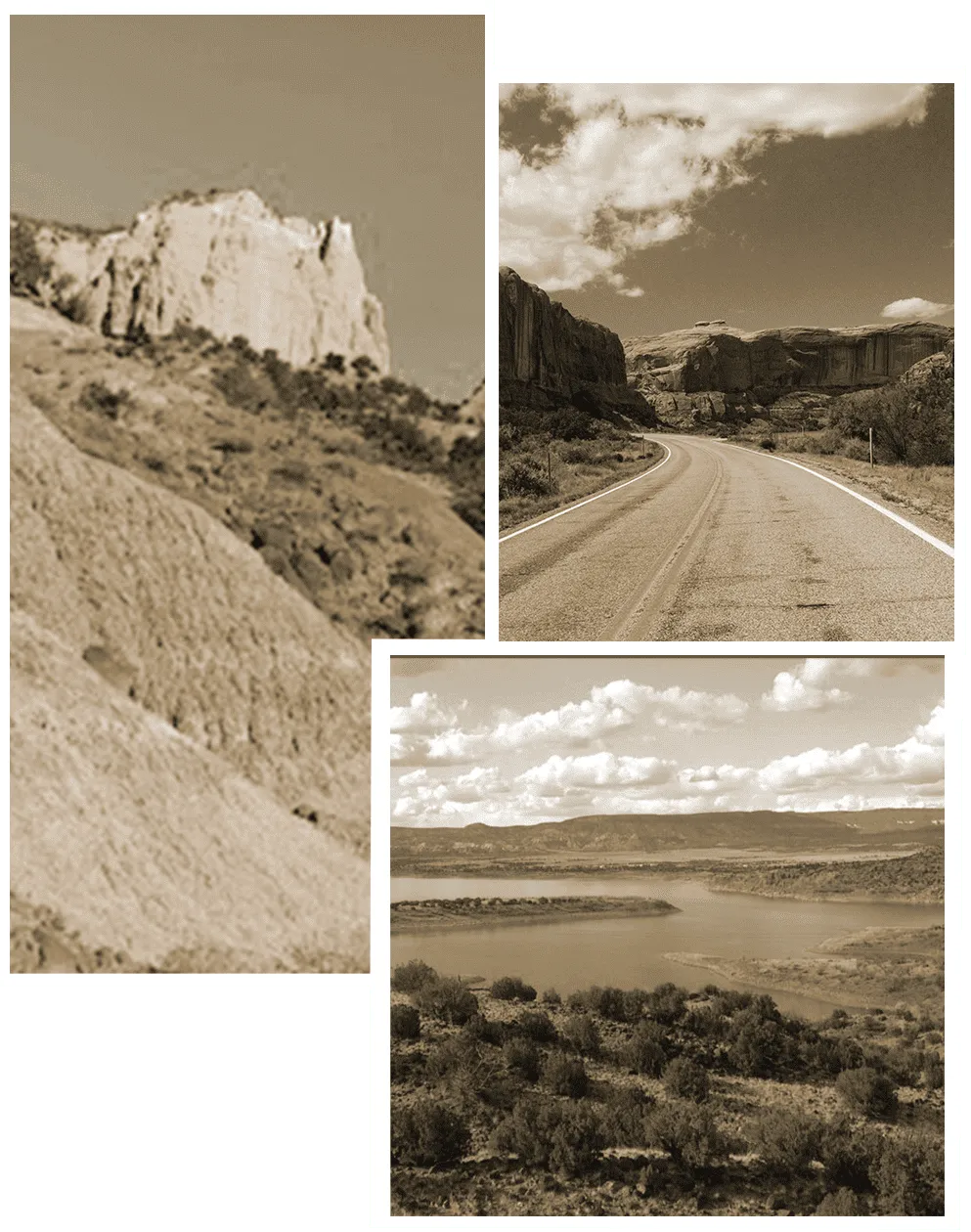 Collage of New Mexico including road, river and cliffs near Temple Canyon Sanctuary