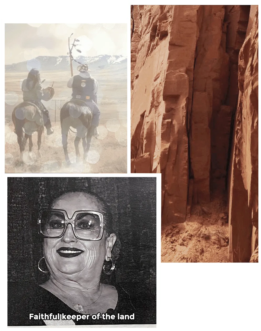 Collage of Dorothy, Indigenous Native Americans on horseback and cliffs at the temple canyon sanctuary 