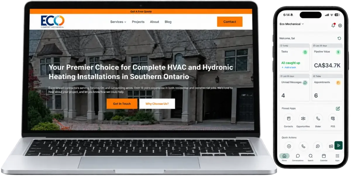 ECO Mechanical website and lead capture dashboard screenshot