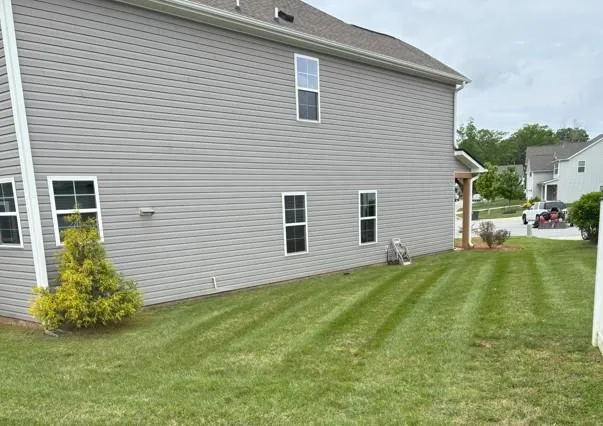 A neat, freshly mowed side yard beside a charming wood-sided home in Greensboro.