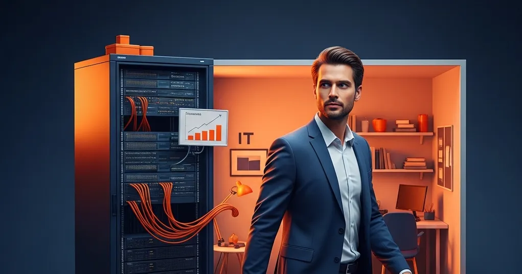 Leadership team and engineer reviewing IT dashboards in modern office