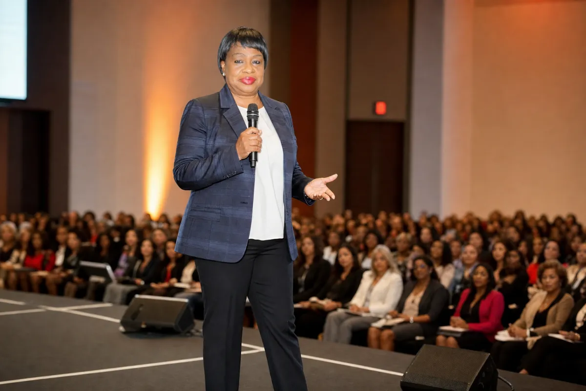 Stock image of a stage, microphone, audience, or healthcare event