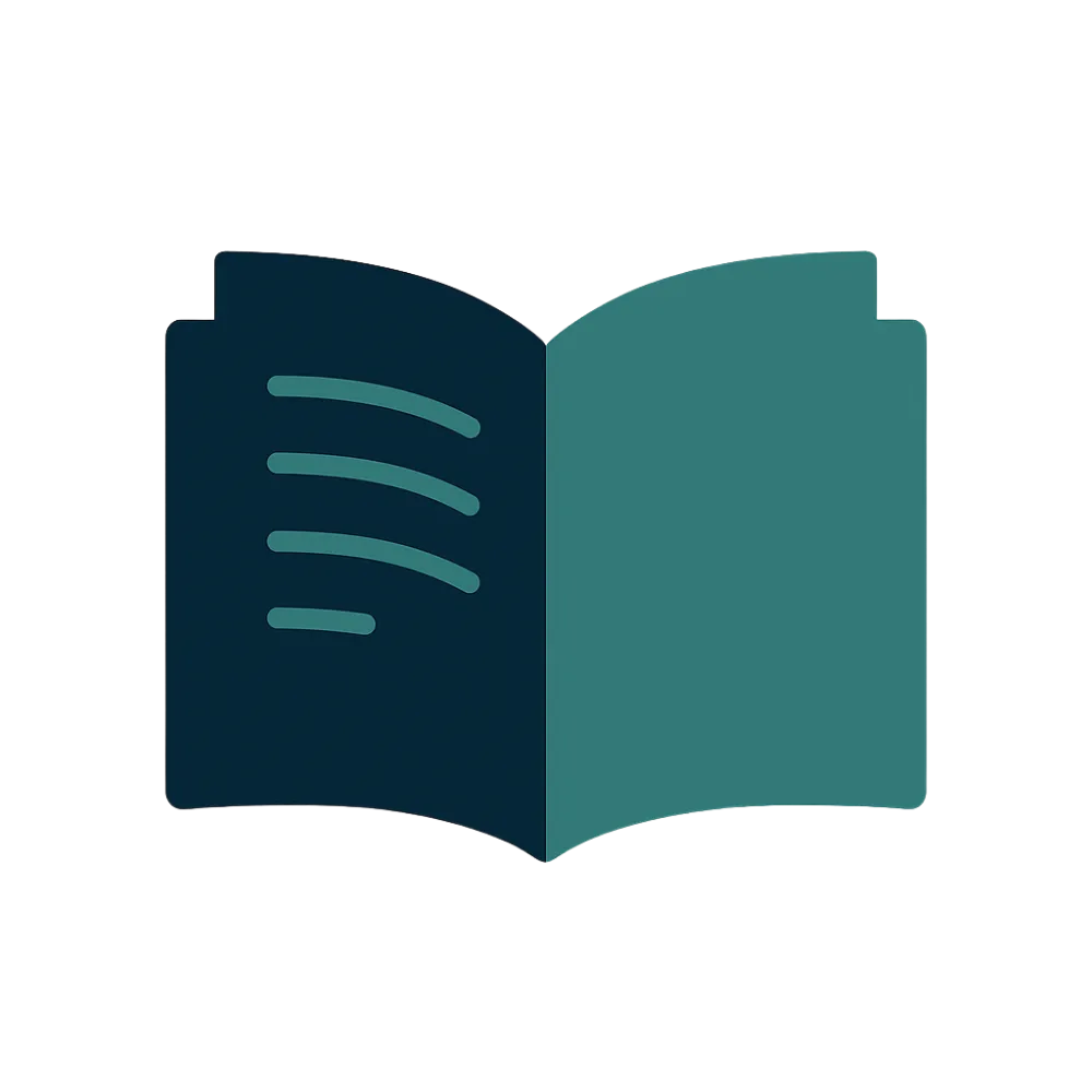 Minimalist open book icon in teal and navy — representing blog library, educational resources, or faith-based reading for older adults.
