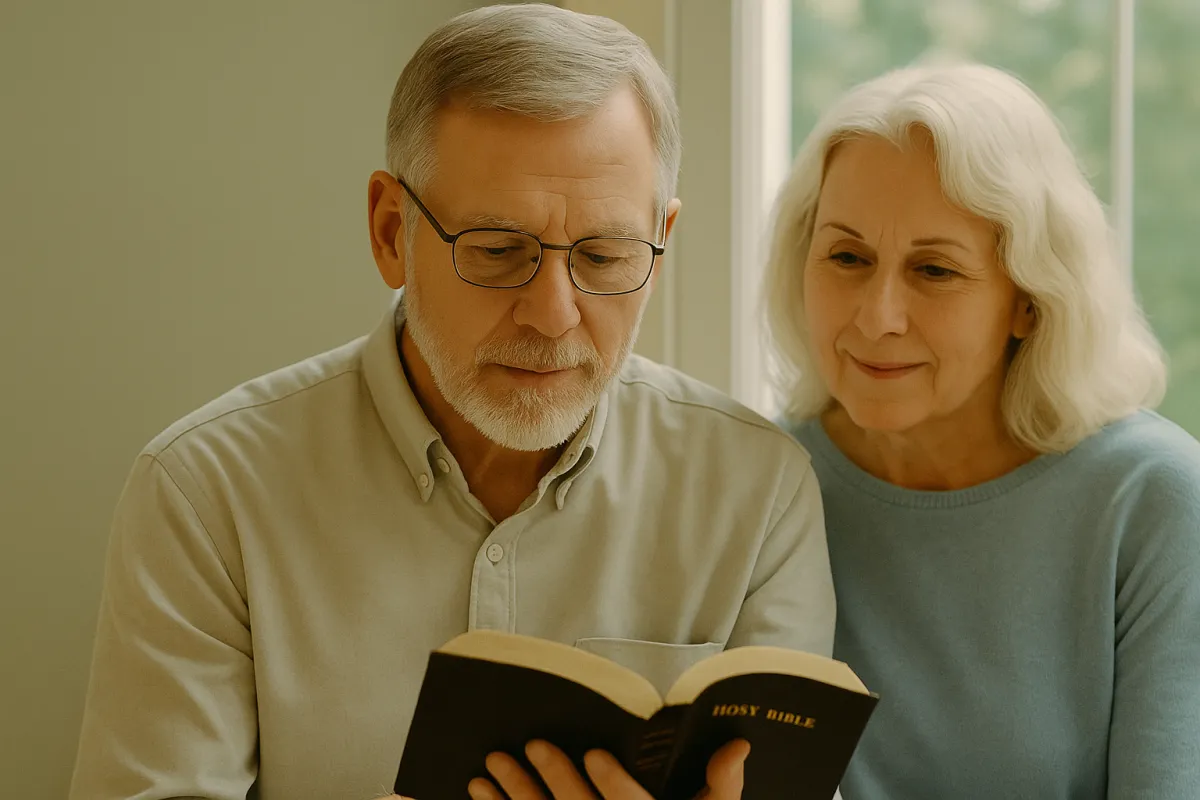 Elderly couple reading the Holy Bible together by a bright window — representing faith, spiritual growth, and meaningful connection in later life.