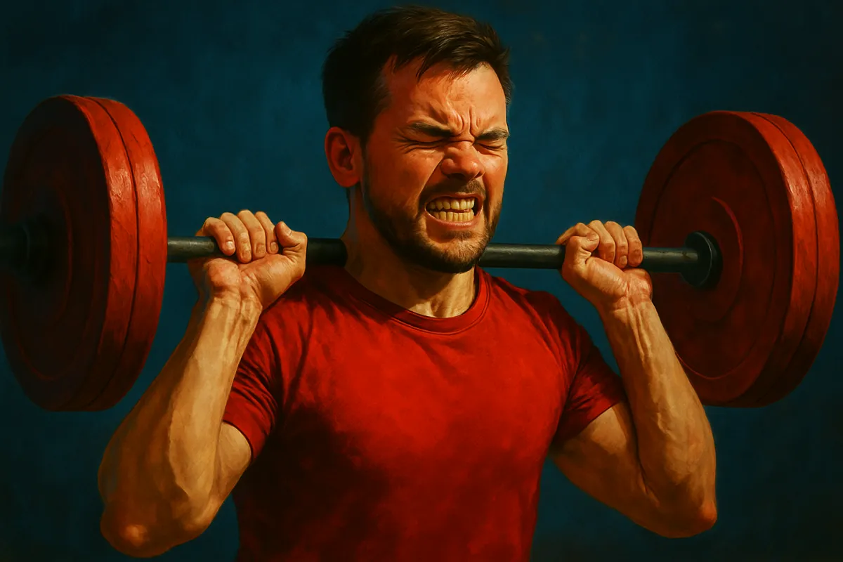 Illustration of strong man lifting heavy barbell with intense effort, wearing red shirt against dark blue background — symbolizing strength, perseverance, and determination.
