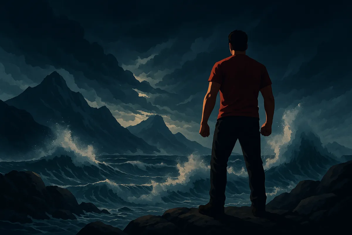 Illustration of man standing strong on rocky shore facing stormy sea and dark mountains — symbolizing unshaken faith, refuge, and inner strength from Psalm 46:1-2.