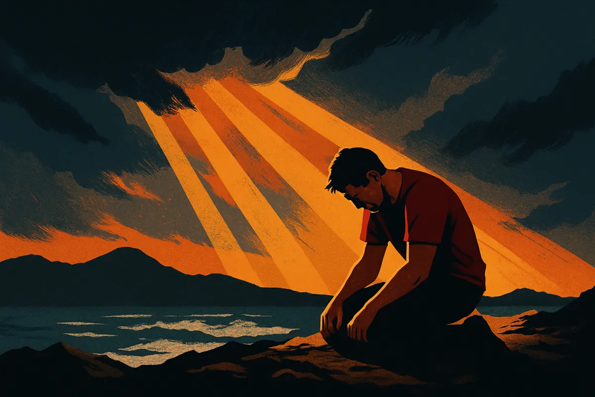Illustration of man kneeling on rocky ground at sunrise with golden rays breaking through dark storm clouds — symbolizing grace, surrender, and God’s strength in weakness from 2 Corinthians 12:9.