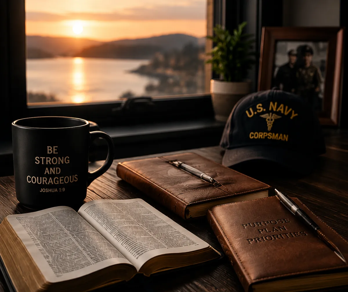 Senior Navy veteran writing in a journal at home, with Bible, American flag, and sailor portrait on table — symbolizing faith, reflection, and purpose after 55.