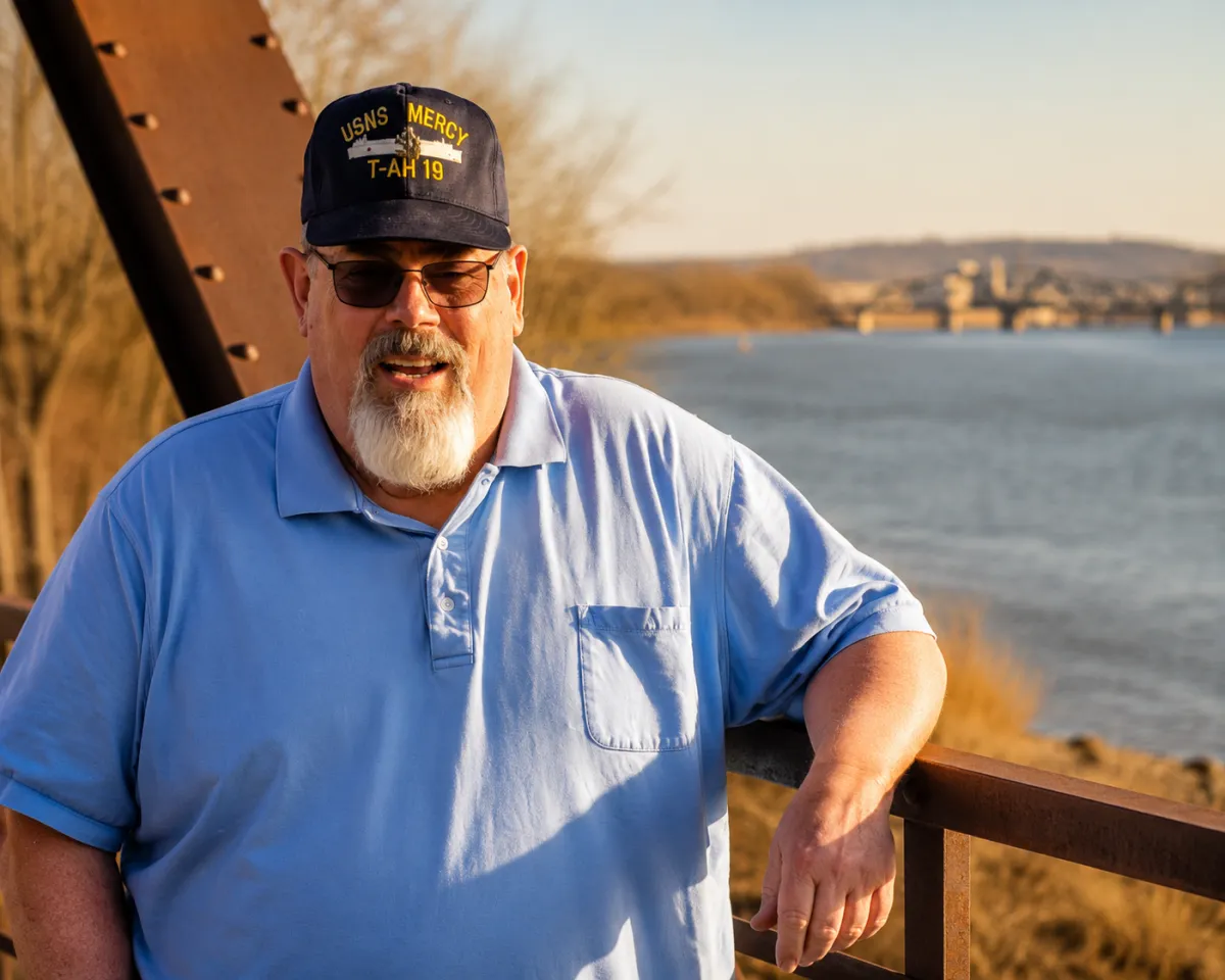 Mike Nelson, founder of MikeNelsonOnline.com, smiling with glasses and gray goatee, pointing at camera in front of waving American flag — representing veteran pride, encouragement, and patriotic support.