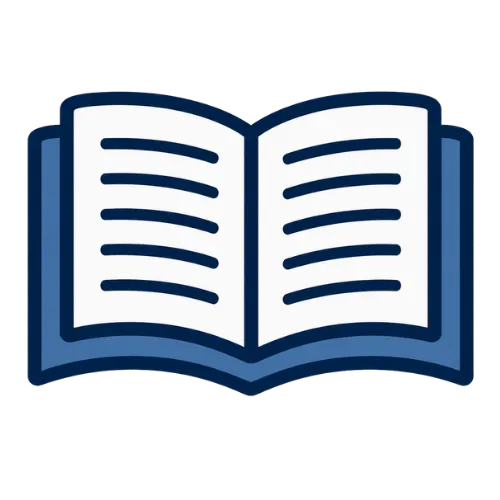 Minimalist open book icon in teal and navy — representing blog library, educational resources, or faith-based reading for older adults.