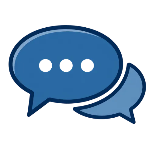 Chat bubble icon in teal and navy — symbolizing conversation, community support, and faith-based connection for older adults and veterans.