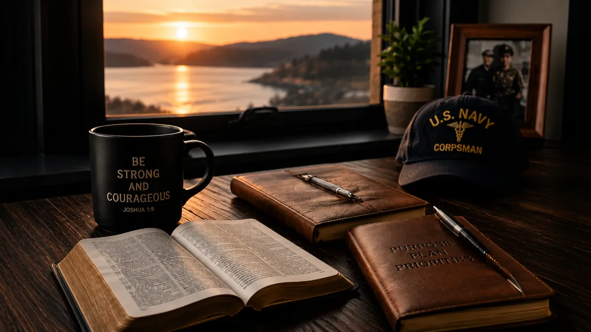 Senior Navy veteran writing in a journal at home, with Bible, American flag, and sailor portrait on table — symbolizing faith, reflection, and purpose after 55.