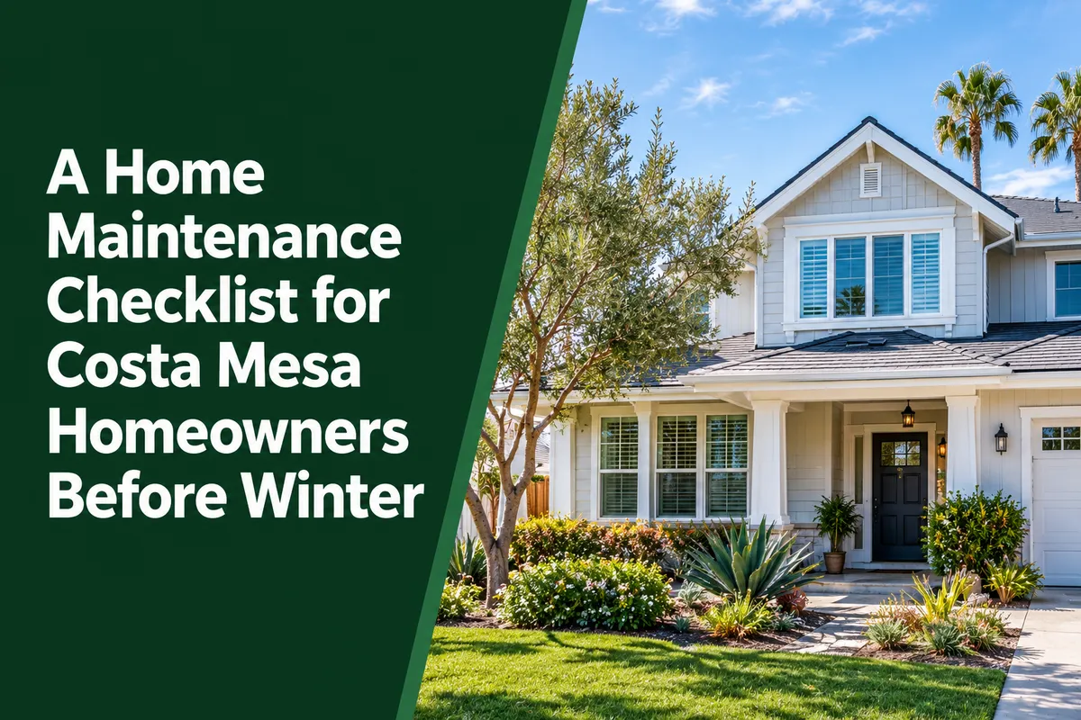Costa Mesa home exterior prepared for winter with maintained landscaping and clean drainage areas