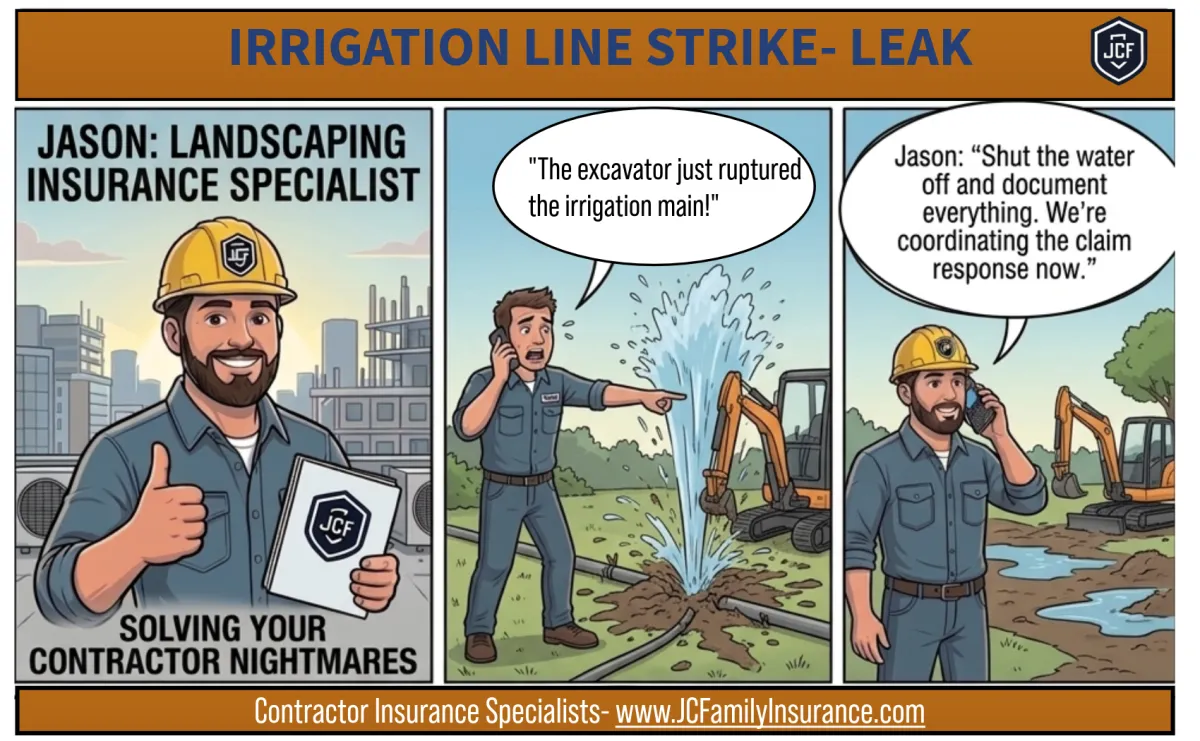 Landscaping contractor accidentally strikes an underground irrigation line resulting in flooding and a General Liability insurance claim.